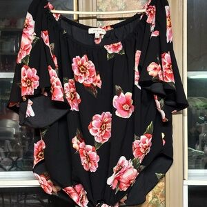 Umgee Black Off-Shoulder Floral Top with Pink Rose Print